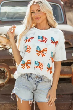 New Dear-Lover Patriotic Flag Bow Graphic Starry Round Neck T Shirt Khaki