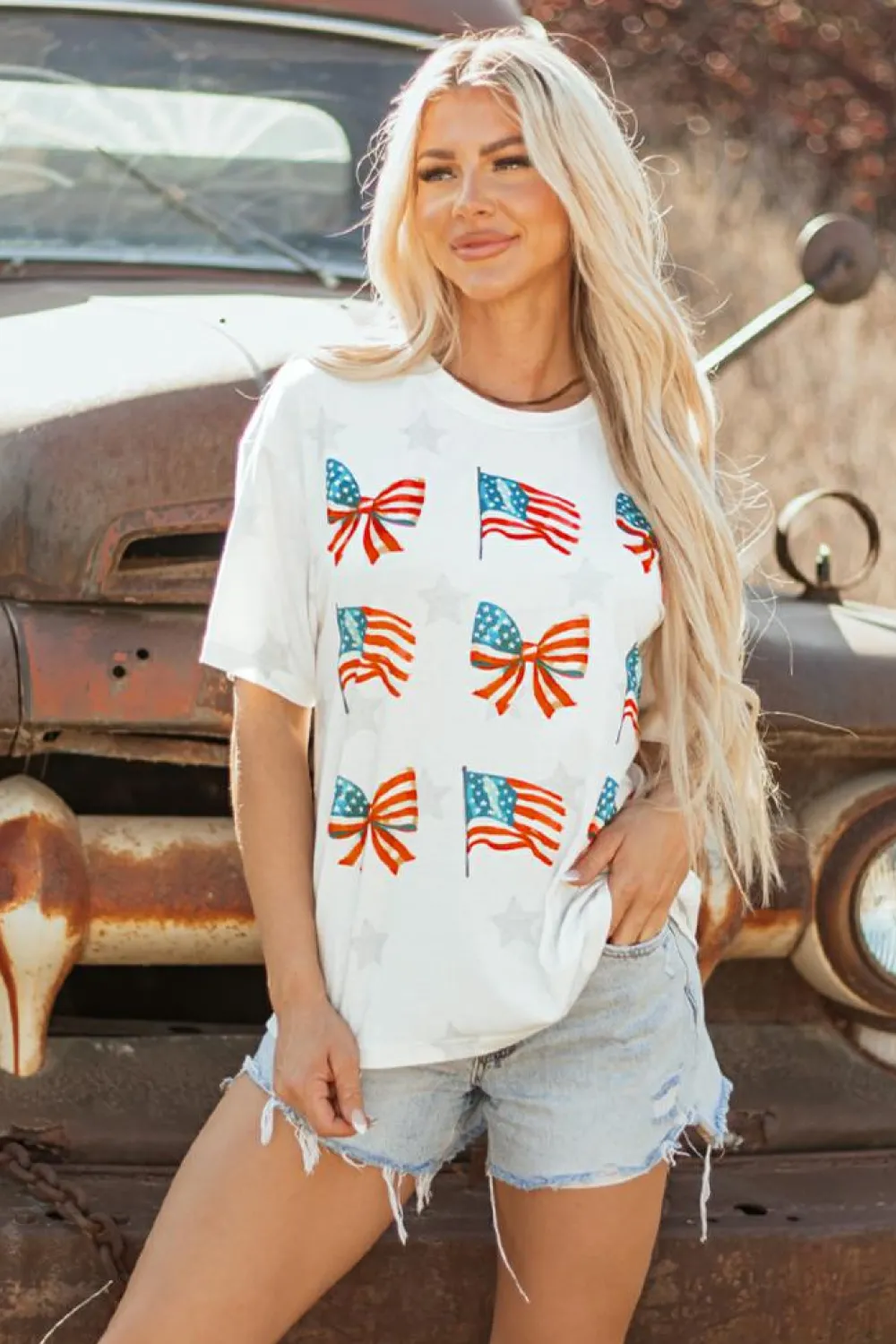 New Dear-Lover Patriotic Flag Bow Graphic Starry Round Neck T Shirt Khaki