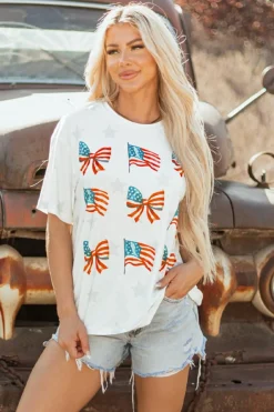 New Dear-Lover Patriotic Flag Bow Graphic Starry Round Neck T Shirt Khaki