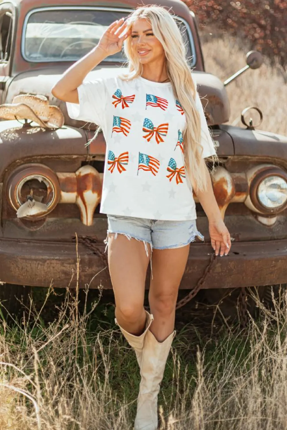 New Dear-Lover Patriotic Flag Bow Graphic Starry Round Neck T Shirt Khaki