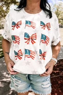 New Dear-Lover Patriotic Flag Bow Graphic Starry Round Neck T Shirt Khaki