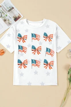 New Dear-Lover Patriotic Flag Bow Graphic Starry Round Neck T Shirt Khaki