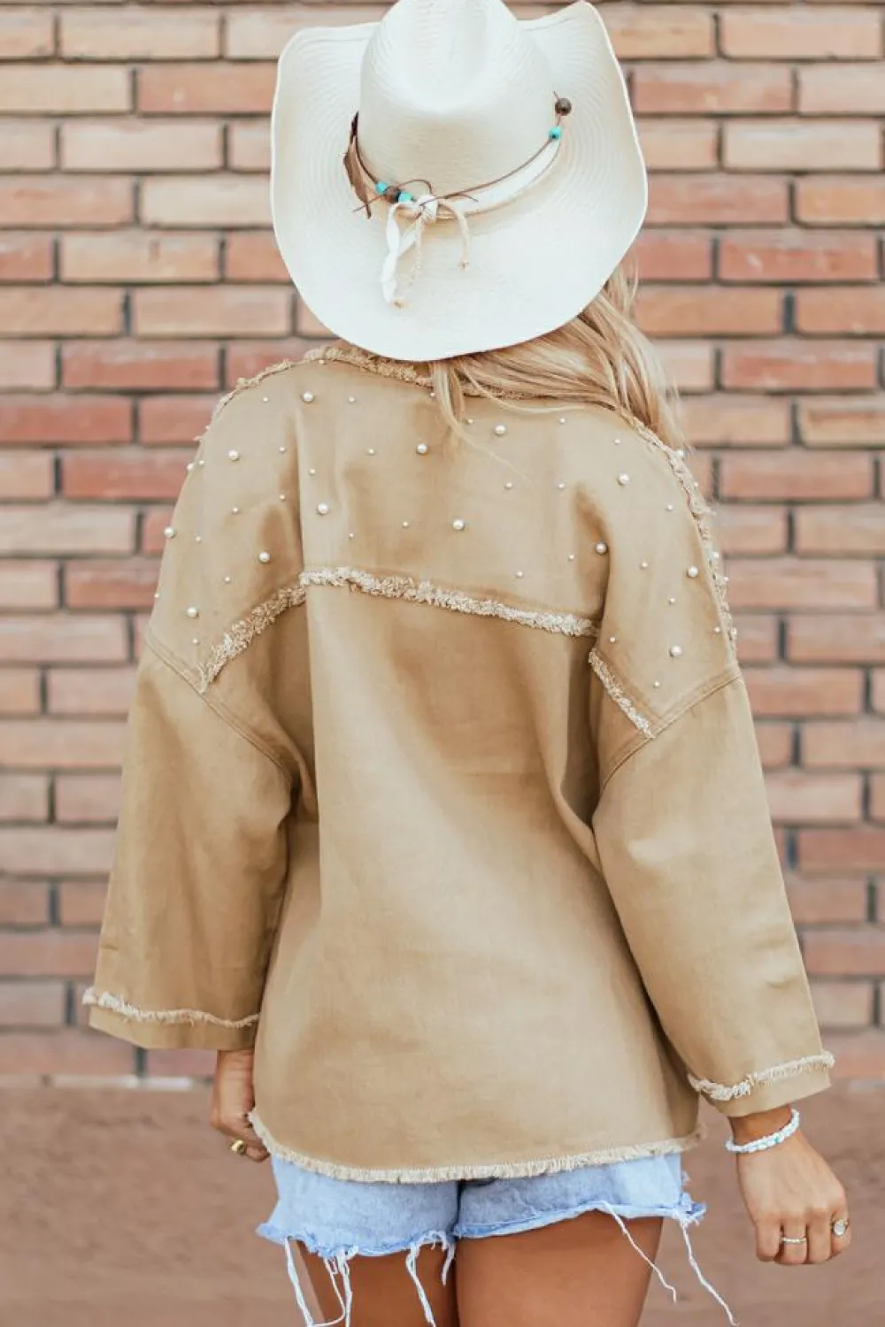 New Dear-Lover Pearl Beaded Raw Hem Button Up Denim Jacket Khaki