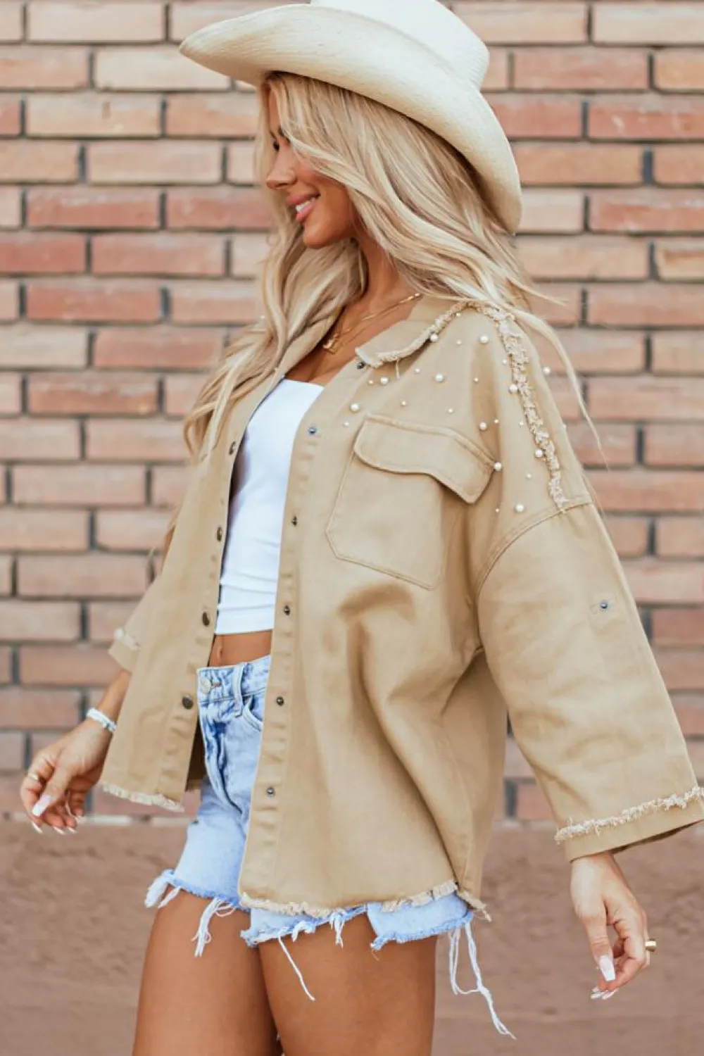 New Dear-Lover Pearl Beaded Raw Hem Button Up Denim Jacket Khaki