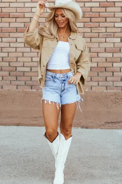 New Dear-Lover Pearl Beaded Raw Hem Button Up Denim Jacket Khaki