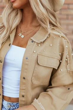 New Dear-Lover Pearl Beaded Raw Hem Button Up Denim Jacket Khaki