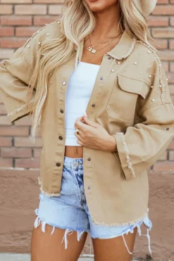 New Dear-Lover Pearl Beaded Raw Hem Button Up Denim Jacket Khaki