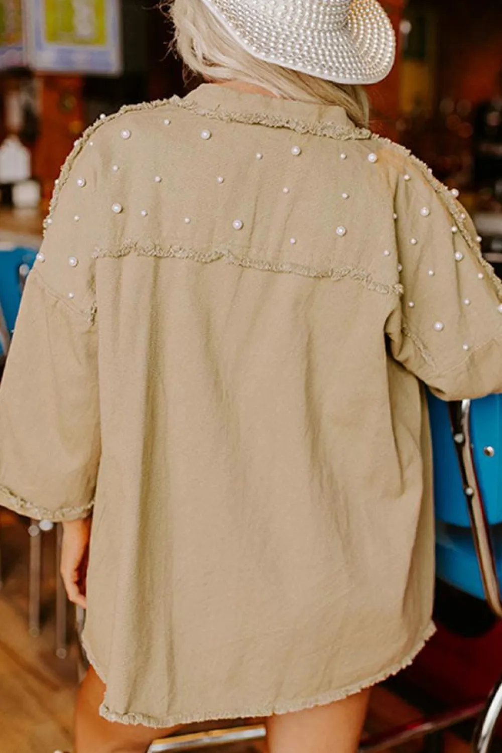 New Dear-Lover Pearl Beaded Raw Hem Button Up Denim Jacket Khaki