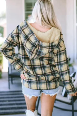 Fashion Dear-Lover Plaid Button Neck Pocketed Pullover Hoodie Khaki