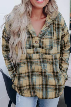Fashion Dear-Lover Plaid Button Neck Pocketed Pullover Hoodie Khaki