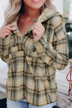Fashion Dear-Lover Plaid Button Neck Pocketed Pullover Hoodie Khaki