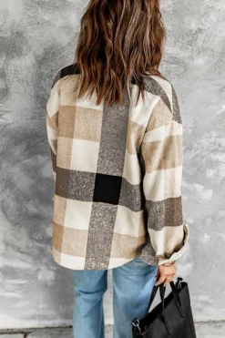 Online Dear-Lover Plaid Color Block Buttoned Long Sleeve Jacket with Pocket Khaki