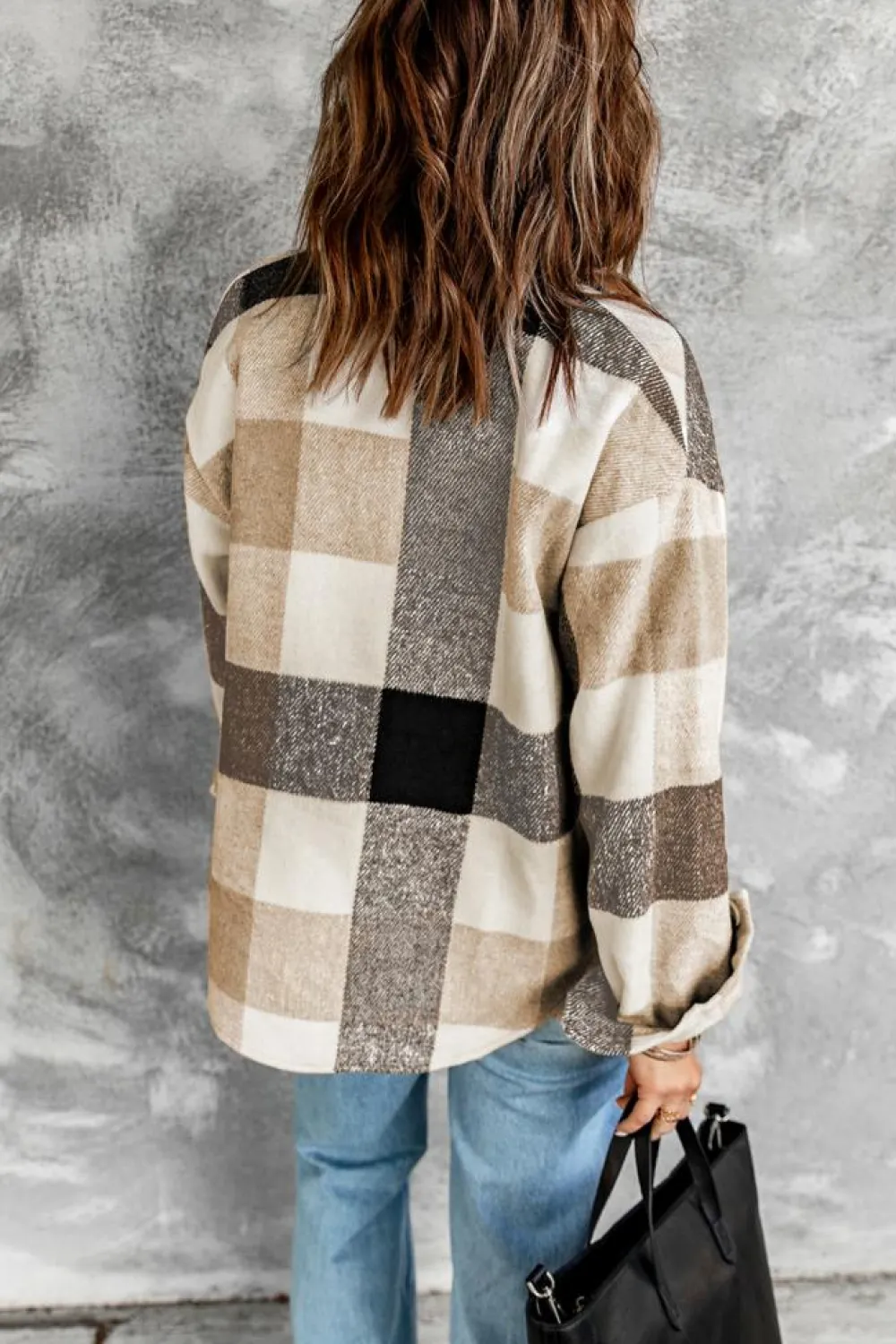Online Dear-Lover Plaid Color Block Buttoned Long Sleeve Jacket with Pocket Khaki