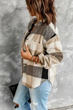 Online Dear-Lover Plaid Color Block Buttoned Long Sleeve Jacket with Pocket Khaki