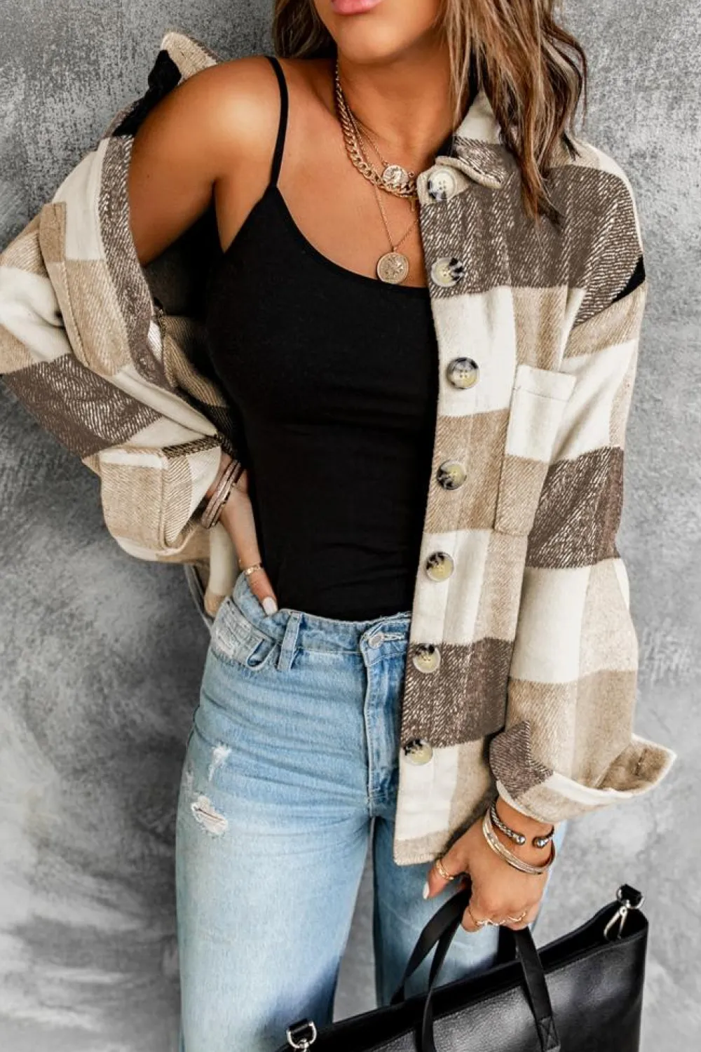 Online Dear-Lover Plaid Color Block Buttoned Long Sleeve Jacket with Pocket Khaki