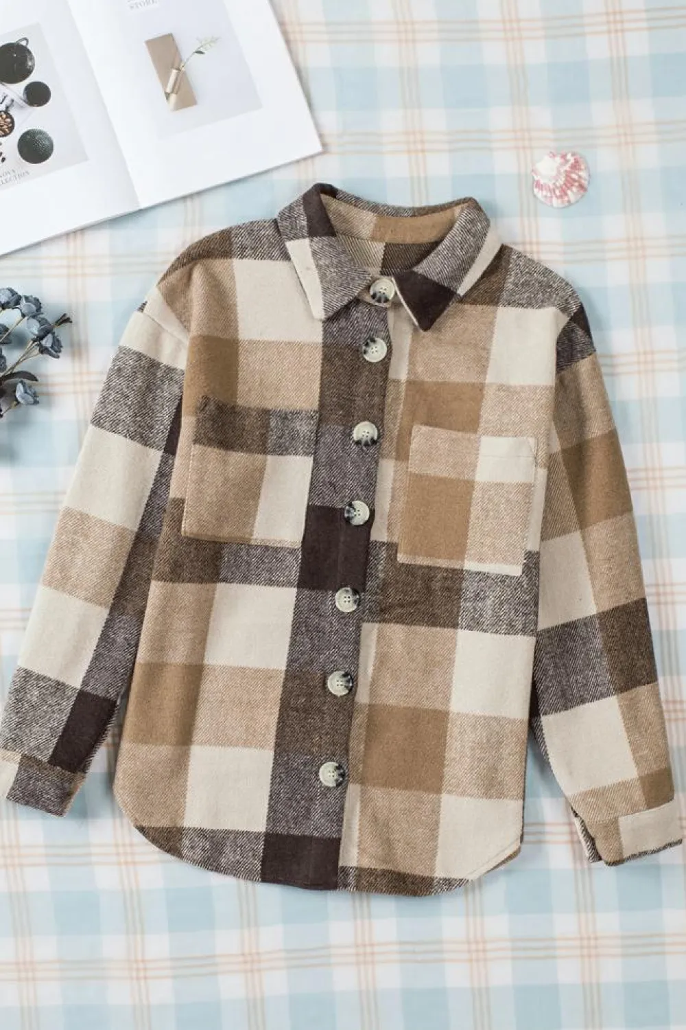 Online Dear-Lover Plaid Color Block Buttoned Long Sleeve Jacket with Pocket Khaki