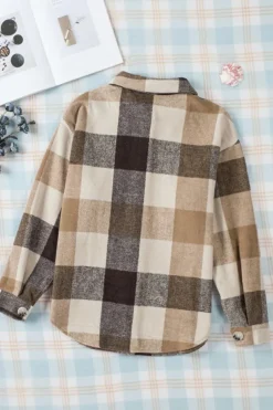 Online Dear-Lover Plaid Color Block Buttoned Long Sleeve Jacket with Pocket Khaki