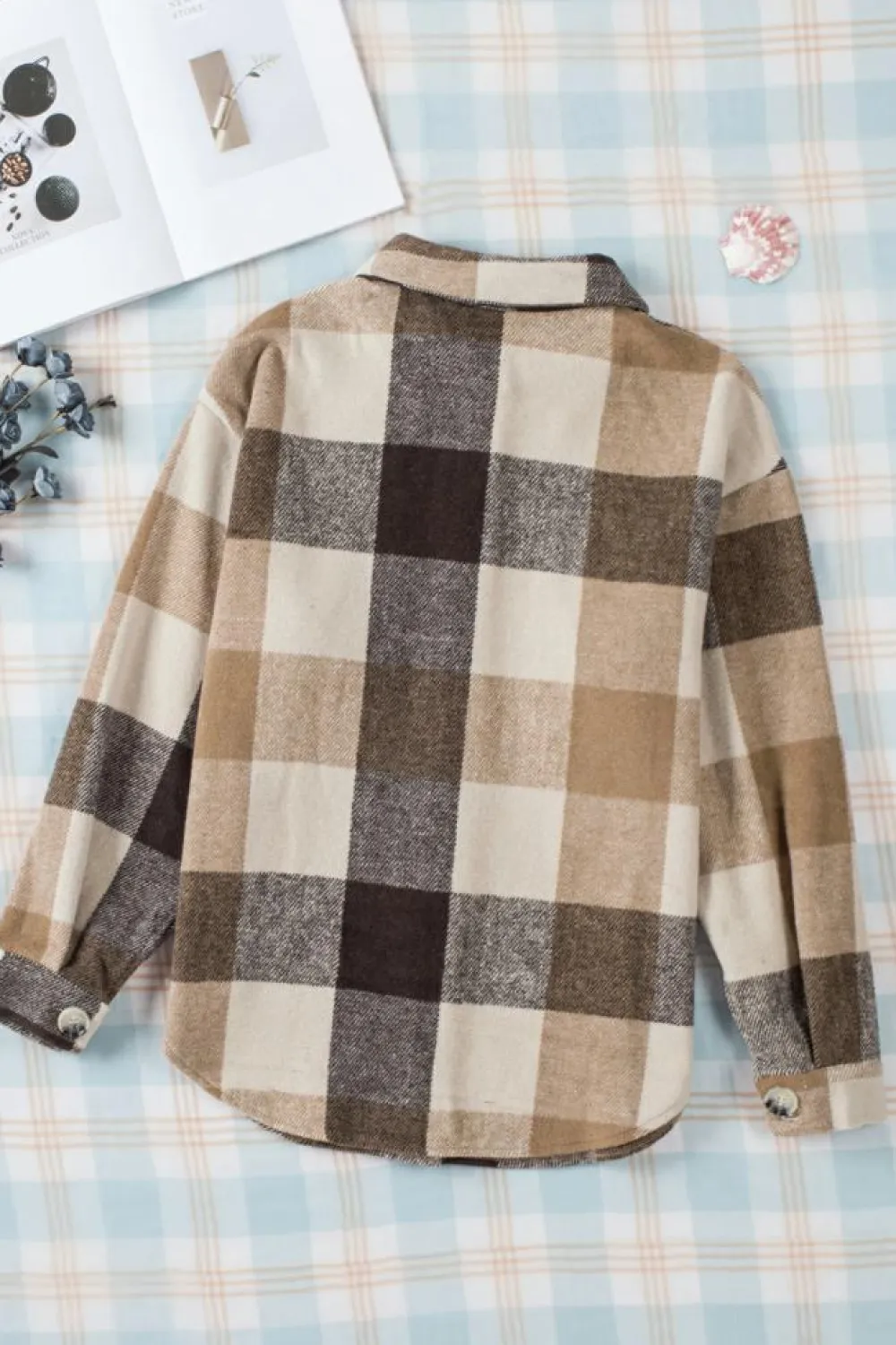 Online Dear-Lover Plaid Color Block Buttoned Long Sleeve Jacket with Pocket Khaki