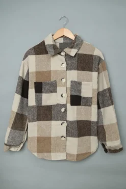Online Dear-Lover Plaid Color Block Buttoned Long Sleeve Jacket with Pocket Khaki