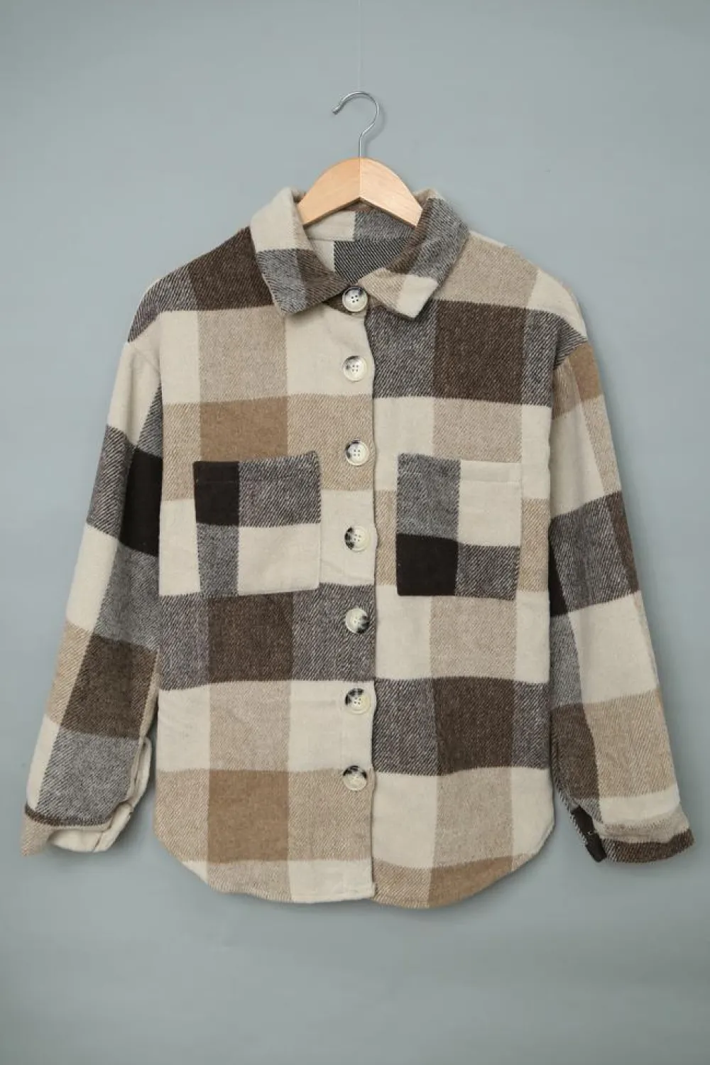 Online Dear-Lover Plaid Color Block Buttoned Long Sleeve Jacket with Pocket Khaki