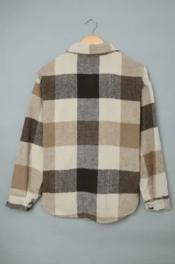 Online Dear-Lover Plaid Color Block Buttoned Long Sleeve Jacket with Pocket Khaki