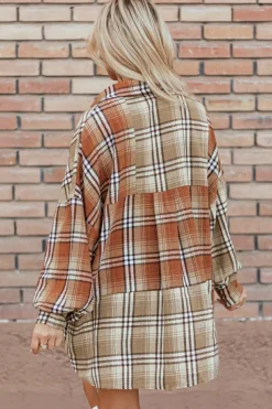 Best Dear-Lover Plaid Colorblock Patchwork High Low Shacket Khaki