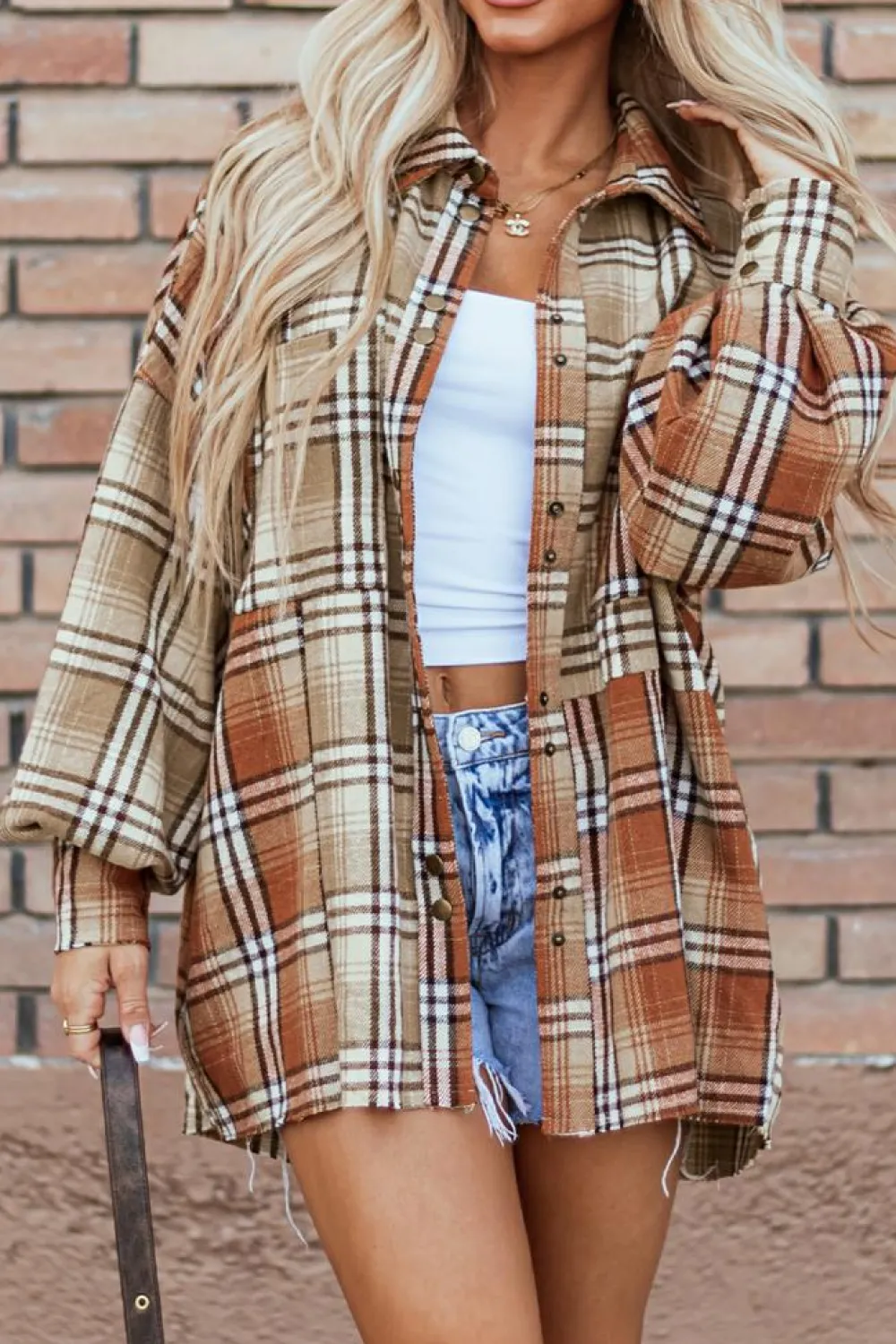 Best Dear-Lover Plaid Colorblock Patchwork High Low Shacket Khaki