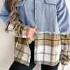 Sale Dear-Lover Plaid Patchwork Buttoned Oversized Denim Jacket Khaki