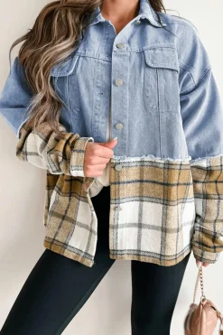 Sale Dear-Lover Plaid Patchwork Buttoned Oversized Denim Jacket Khaki