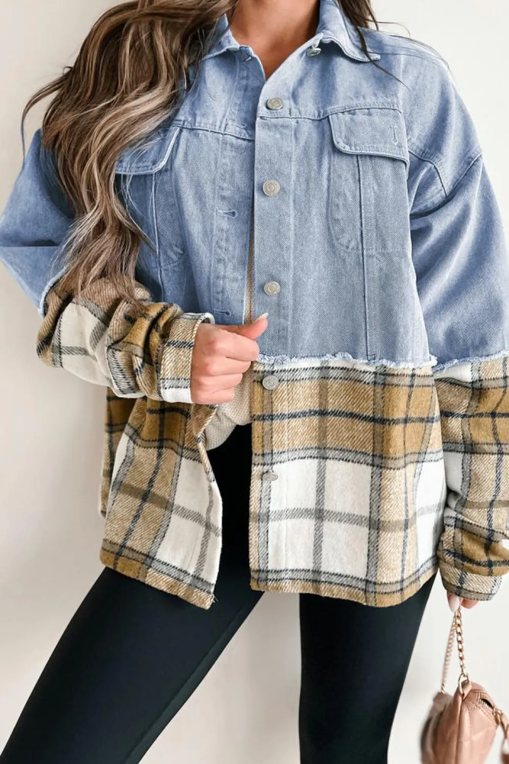 Sale Dear-Lover Plaid Patchwork Buttoned Oversized Denim Jacket Khaki