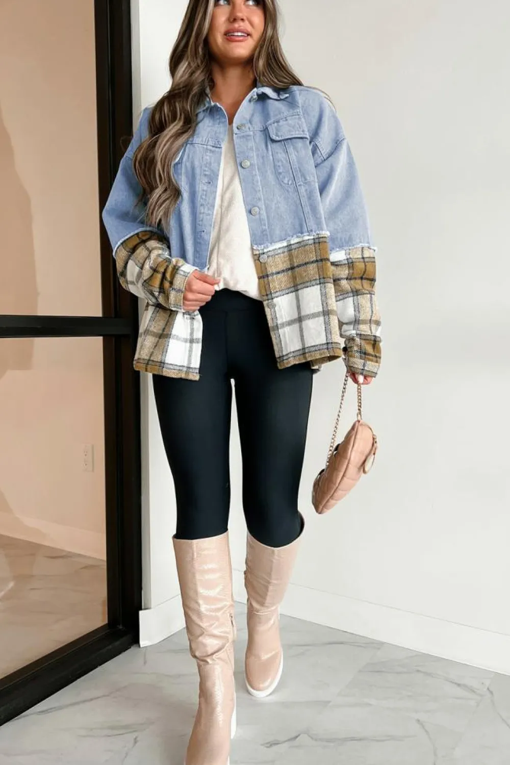 Sale Dear-Lover Plaid Patchwork Buttoned Oversized Denim Jacket Khaki