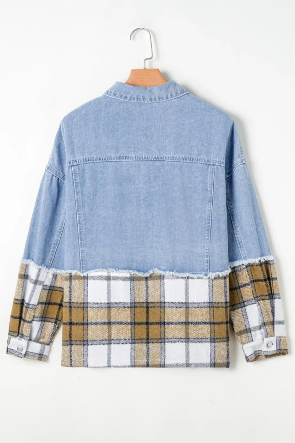 Sale Dear-Lover Plaid Patchwork Buttoned Oversized Denim Jacket Khaki
