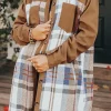 Discount Dear-Lover Plaid Patchwork Long Sleeve Shirt Mini Dress Khaki