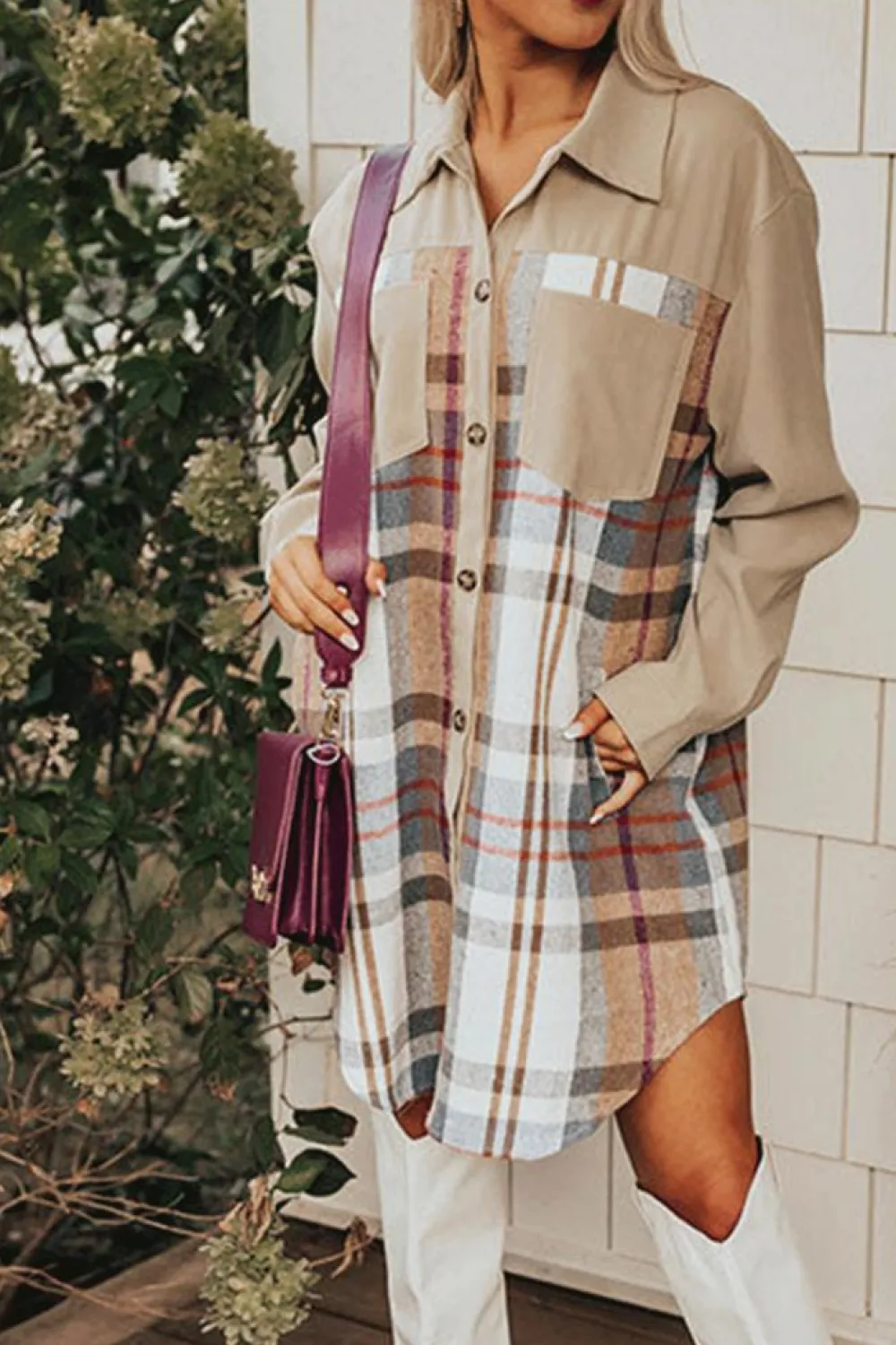Hot Dear-Lover Plaid Patchwork Long Sleeve Shirt Mini Dress Khaki