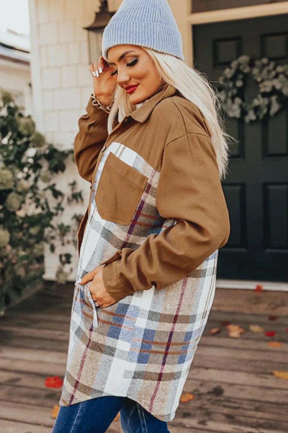 Discount Dear-Lover Plaid Patchwork Long Sleeve Shirt Mini Dress Khaki