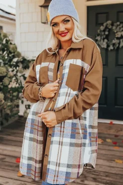 Discount Dear-Lover Plaid Patchwork Long Sleeve Shirt Mini Dress Khaki
