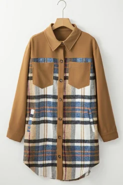 Discount Dear-Lover Plaid Patchwork Long Sleeve Shirt Mini Dress Khaki