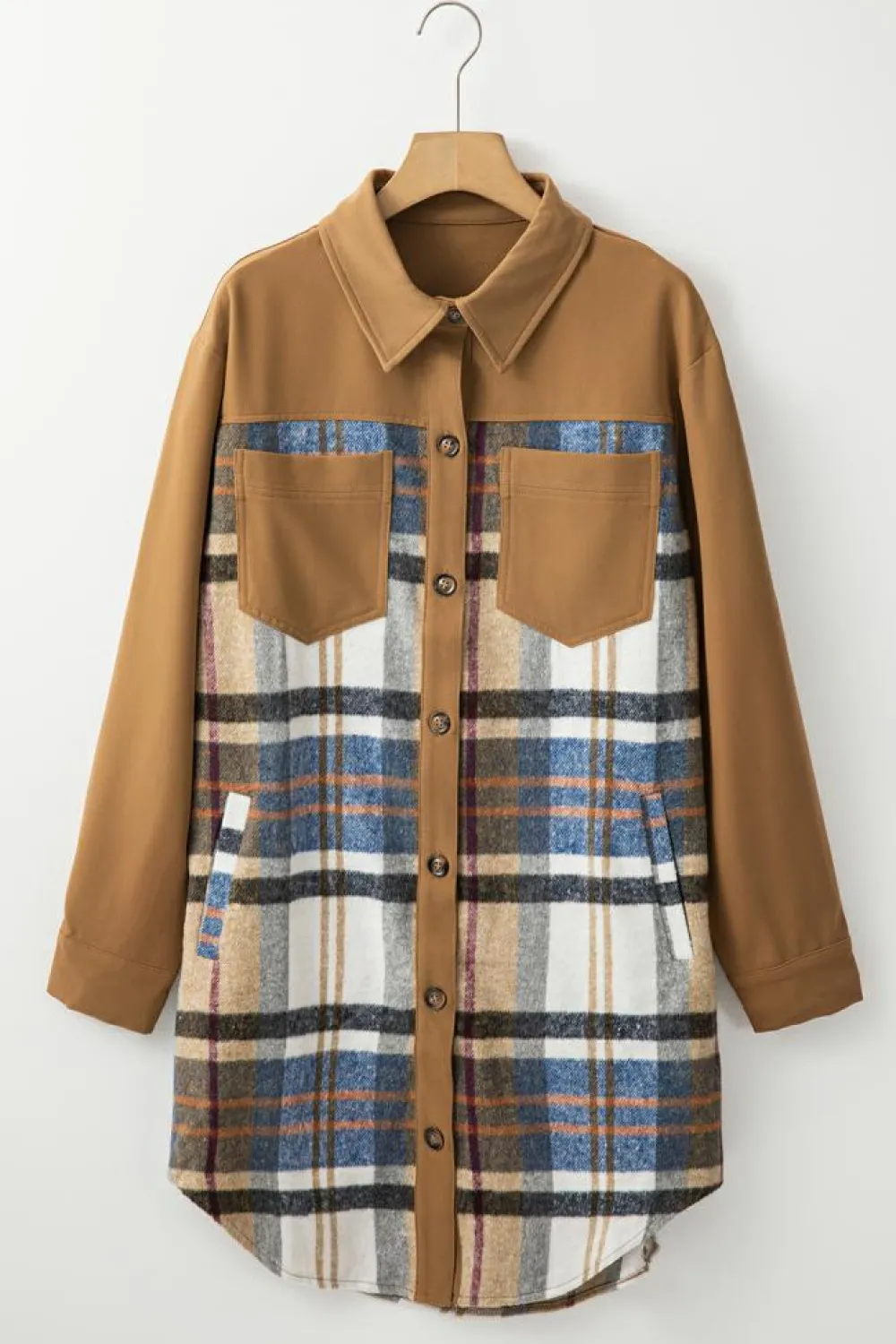 Discount Dear-Lover Plaid Patchwork Long Sleeve Shirt Mini Dress Khaki
