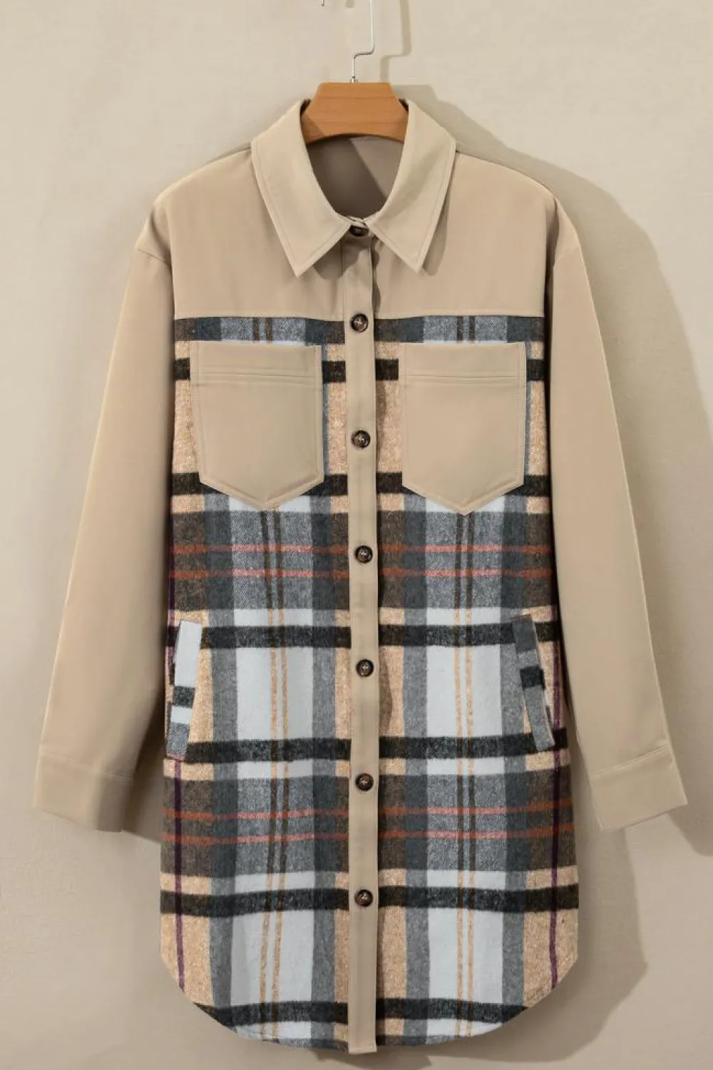 Hot Dear-Lover Plaid Patchwork Long Sleeve Shirt Mini Dress Khaki