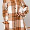 New Dear-Lover Plaid Pattern Collared Neck Ruffled Sleeve Shirt Dress Khaki
