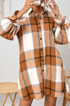 New Dear-Lover Plaid Pattern Collared Neck Ruffled Sleeve Shirt Dress Khaki