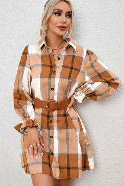 New Dear-Lover Plaid Pattern Collared Neck Ruffled Sleeve Shirt Dress Khaki