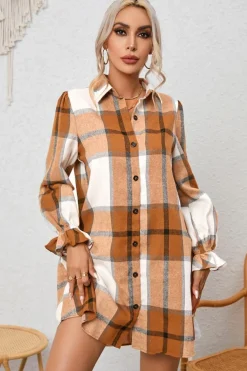 New Dear-Lover Plaid Pattern Collared Neck Ruffled Sleeve Shirt Dress Khaki