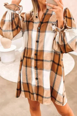 New Dear-Lover Plaid Pattern Collared Neck Ruffled Sleeve Shirt Dress Khaki