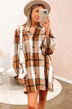 New Dear-Lover Plaid Pattern Collared Neck Ruffled Sleeve Shirt Dress Khaki