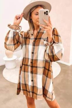 New Dear-Lover Plaid Pattern Collared Neck Ruffled Sleeve Shirt Dress Khaki