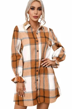 New Dear-Lover Plaid Pattern Collared Neck Ruffled Sleeve Shirt Dress Khaki