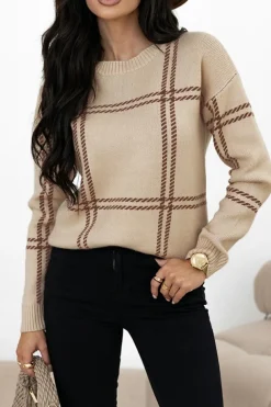 Sale Dear-Lover Plaid Pattern Knitted Drop Shoulder Sweater Khaki
