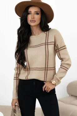 Sale Dear-Lover Plaid Pattern Knitted Drop Shoulder Sweater Khaki
