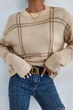 Sale Dear-Lover Plaid Pattern Knitted Drop Shoulder Sweater Khaki